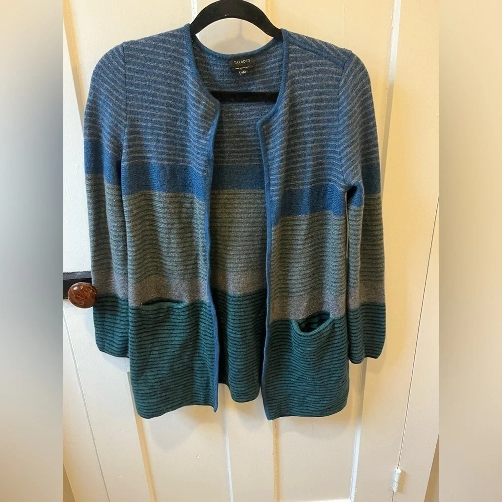 Talbots 100% Merino Wool Open Front Stripe Cardigan